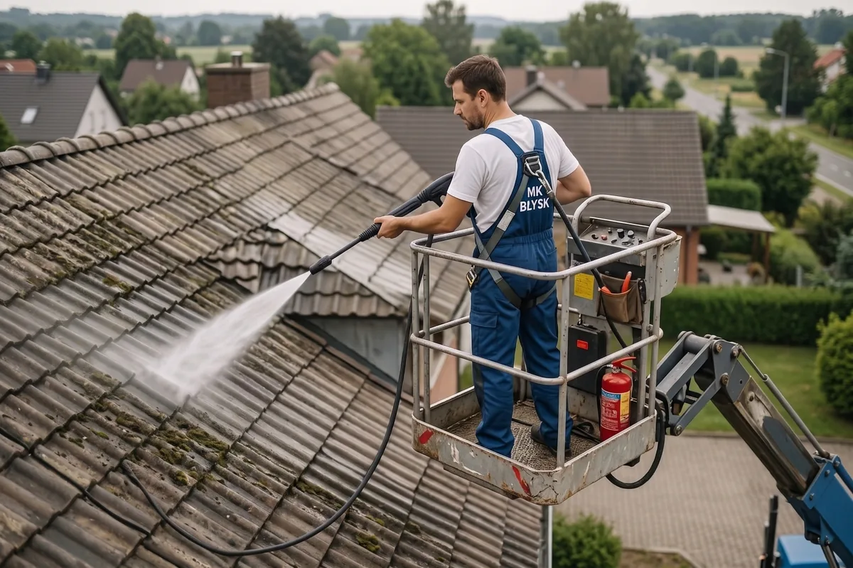 Czyszczenie dachu z mchu myjką ciśnieniową z podnośnika