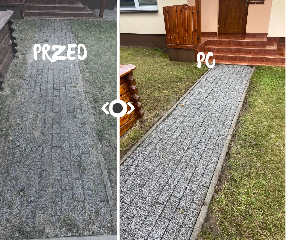 Mycie chodnika z kostki prowadzącego do domu – przed i po