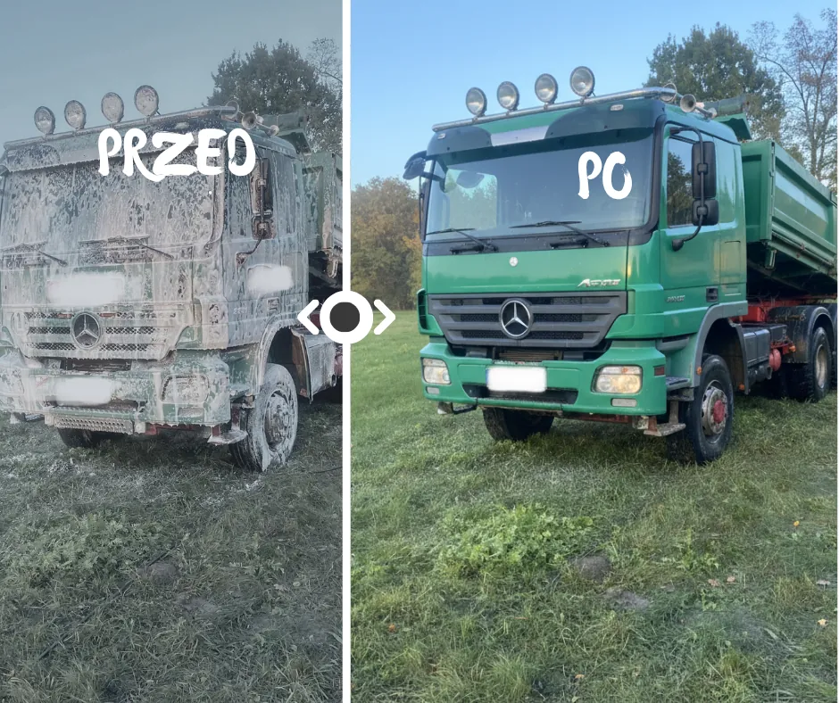 Mycie ciężarówki wywrotki z zabrudzeń budowlanych – przed i po