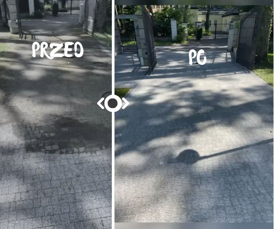 Mycie podjazdu z kostki przy bramie wjazdowej – przed i po