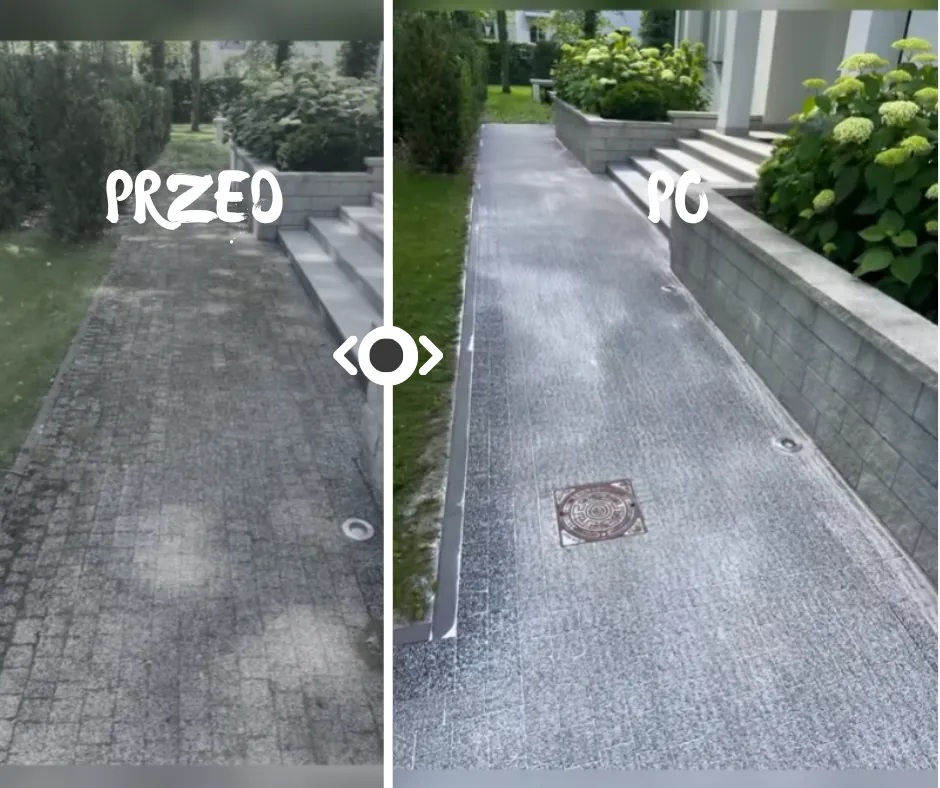 Umyty podjazd z kostki przy schodach – przed i po