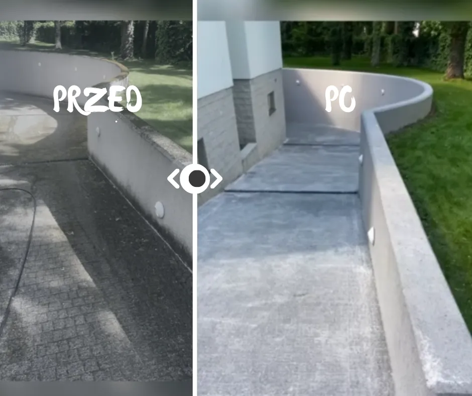 Mycie kostki brukowej na podjeździe z murkiem – przed i po