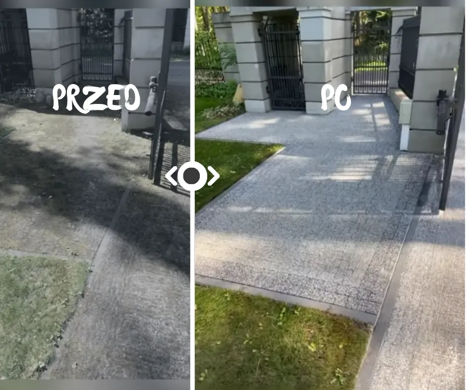Mycie kostki brukowej przy furtce – przed i po