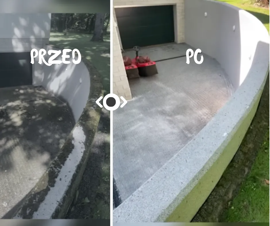 Czyszczenie kostki na zjeździe do garażu – przed i po