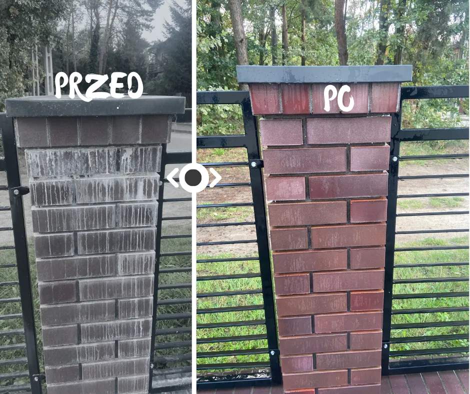 Czyszczenie klinkierowego słupka ogrodzenia – przed i po